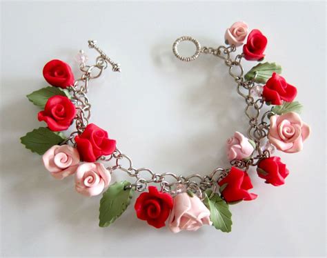 Rose Charm Bracelet Handmade Polymer Clay Rose Bracelet Red Polymer