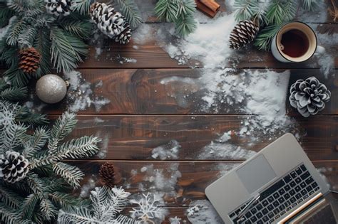 Premium Photo A Laptop Is Sitting On A Wooden Table With Pine Cones