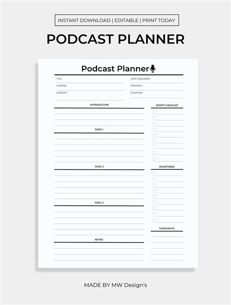 Editable Podcast Planner Podcast Worksheet Podcast Plan Podcast Art