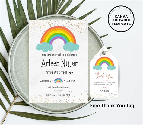 Editable Rainbow Birthday Invitation Thank You Card Rainbow Etsy