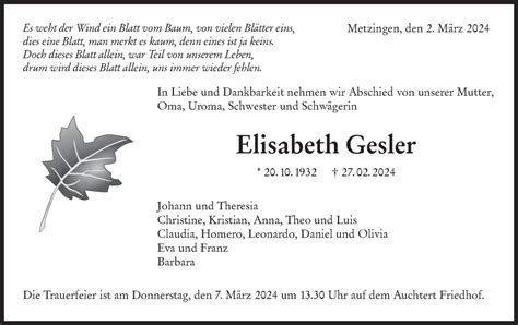 Traueranzeigen Von Elisabeth Gesler S Dwest Presse Trauer