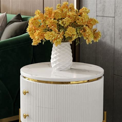 Yelly Modern Round End Table With Storage Drawers White Faux Marble