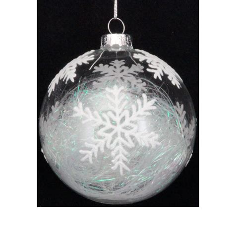 Iridescent Tinsel Filled Clear Bauble With White Snowflakes The Olde Christmas Shoppe