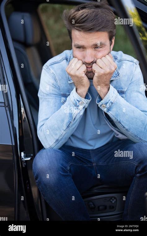 Man Driving Car Despair After Car Accident Stock Photo Alamy