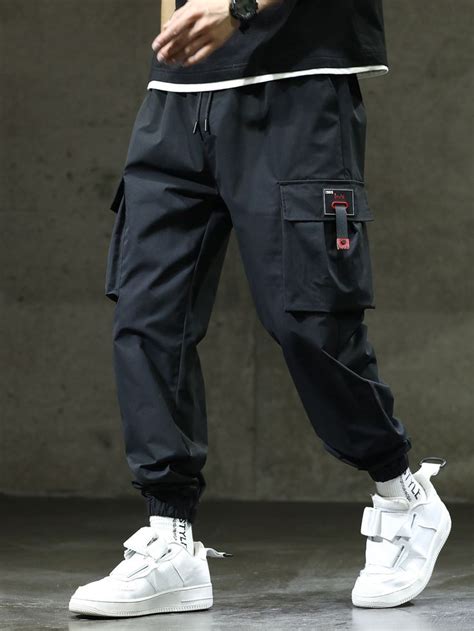 Men Letter Patch Detail Flap Pocket Drawstring Waist Cargo Pants Mens