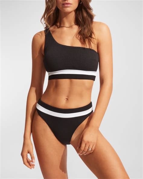 Seafolly Spliced Textured One Shoulder Bikini Top Neiman Marcus