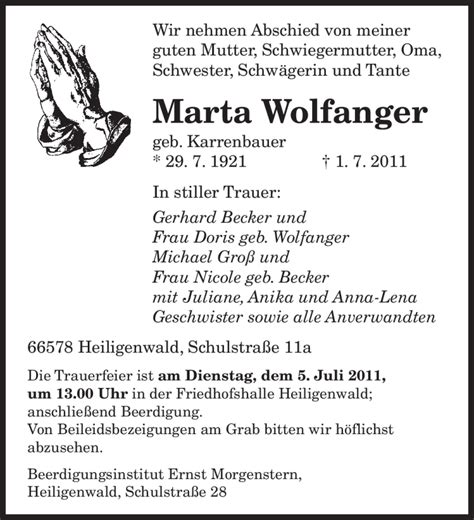 Traueranzeigen Von Marta Wolfanger Saarbruecker Zeitung Trauer De