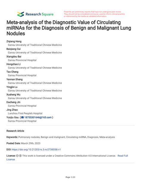 Pdf Meta Analysis Of The Diagnostic Value Of Circulating Mirnas For