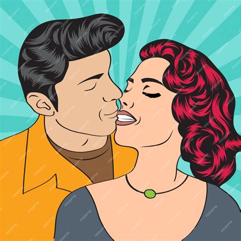 Pop Art Couple Sembrassant Carte De Saint Valentin Rétro Vecteur Premium