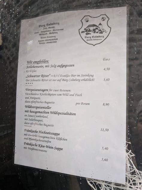 Menu At Colmberg Castle Restaurant Colmberg Burg