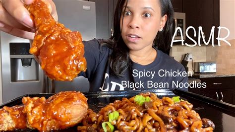 Asmr Black Bean Noodles With Spicy Bbq Fire Chicken Mukbang No