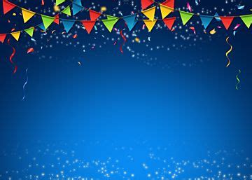 A Blue Background With Colorful Streamers And Confetti On The Bottom