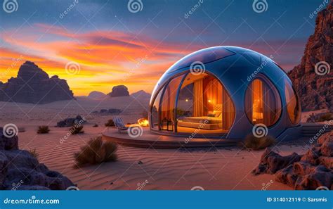 Luxury Desert Glamping Or Geo Domes Igloo Tents In Sunset Landscape