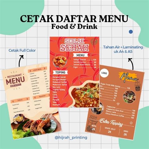 Jual Cetak Daftar Menu Custom Desain Ukuran A4 F4 Free Laminating