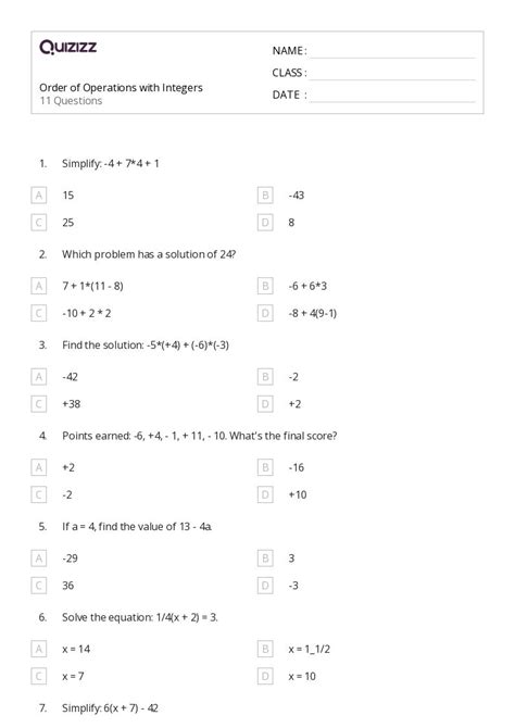 Operations With Integers Worksheets For Th Grade On Quizizz Free