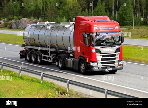 Red Scania R450 Semi Tanker Truck Tomega Hauls Load On Motorway In