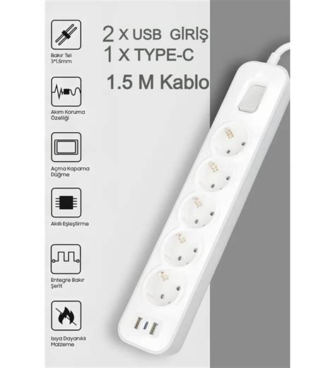 Termal Akım Korumalı Uzatma Kablolu Priz 5 lü Priz Soketli 2 Usb li 1