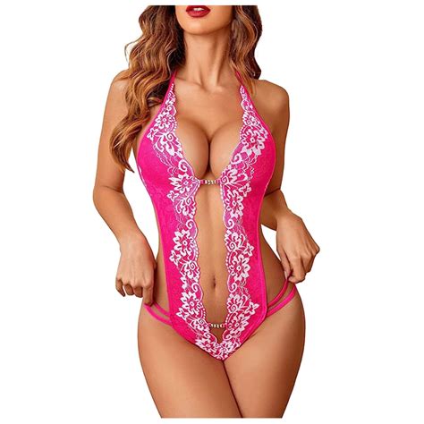 Byhong Women Piece Lingerie Sexy Lace Bodysuit Deep V Teddy S Xxl Features Hot Pink Xl