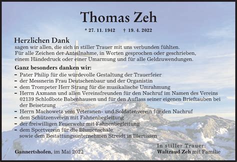 Traueranzeigen Von Thomas Zeh Augsburger Allgemeine Zeitung