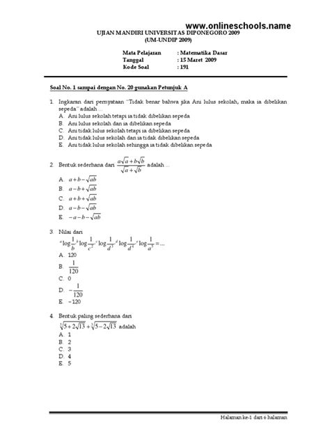 PDF Soal Um Undip 2009 Matematika Dasar Kode Soal 191 DOKUMEN TIPS