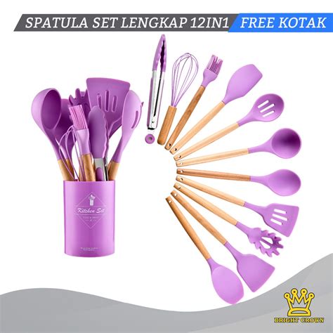 Jual Bright Crown Spatula Silicone Set Tahan Panas 11Pcs Pegangan Kayu