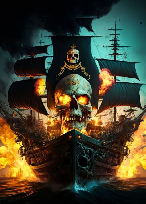 A Pirate Ship On Fire With A Skull In The Foreground