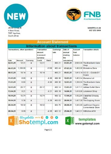 South Africa FNB Bank Statement Easy To Fill Template In Excel And PDF