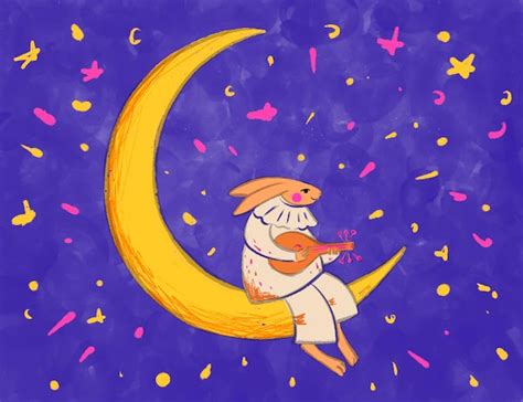 Un dessin animé d un lapin assis sur une lune avec une guitare Photo