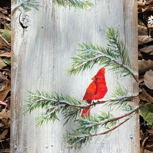 Winter Red Cardinal On Pine Branch Acrylic Painting Hand Painted