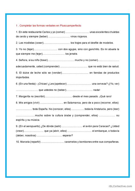 Ejercicios Del Tiempo Pasado En Espa Espa Ol Ele Hojas De Trabajo Pdf