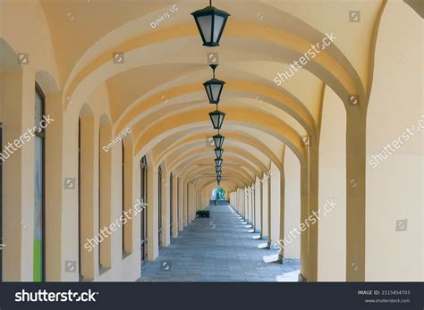 Arched Colonnade Hanging Lanterns Perspective Summer Stock Photo