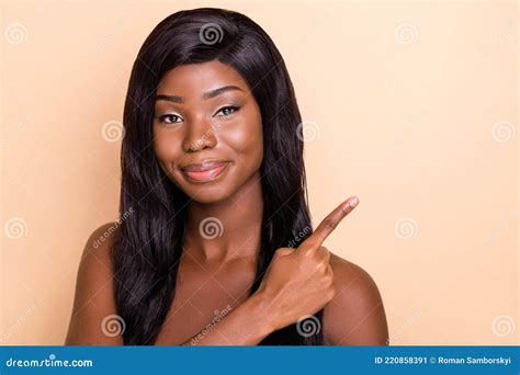Photo Of Cute Sweet Dark Skin Naked Lady Showing Finger Empty Space Isolated Beige Color