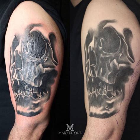 Before And After Photo Of A Healed Black And Grey Cover Up Tribal