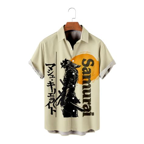 Hawaiian Shirt For Men Summer Beach Samurai Pattern Y2kstreetwear T Shirt Short Sleeve Oversized