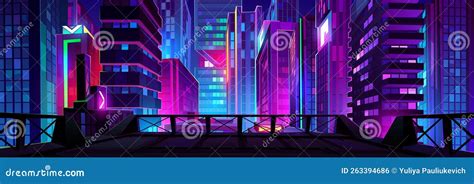 Rooftop View Of Night Cityscape With Neon Lights Stock Vector