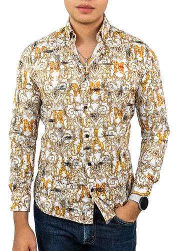 Camisa Hombre Casual Slim Blanca Floreada Dorada Alexis Roma Meses