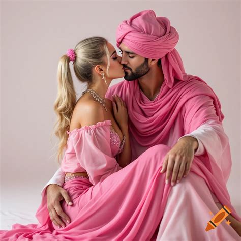 Blonde Woman In Pink Genie Costume Kissing A Sultan Realistic Photograph On Craiyon