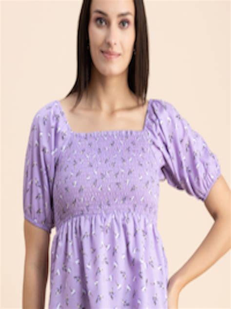 Buy Moomaya Floral Printed Square Neck Puff Sleeves Smocked Empire Top