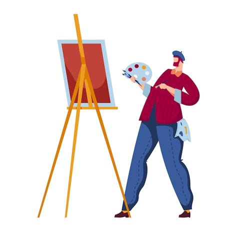 Premium Vector Male Artist Wearing A Hat Painting On Canvas Creative