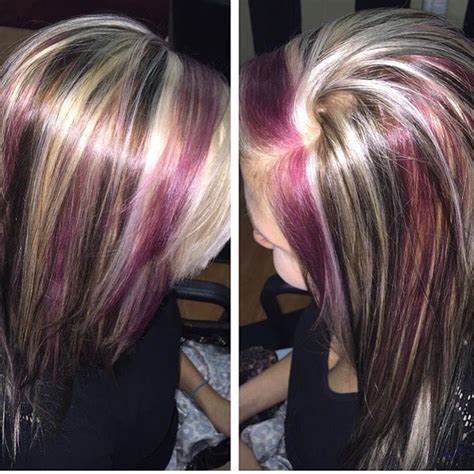 Blonde Brown And Violet Red Maroon Hair Hair Color Highlights