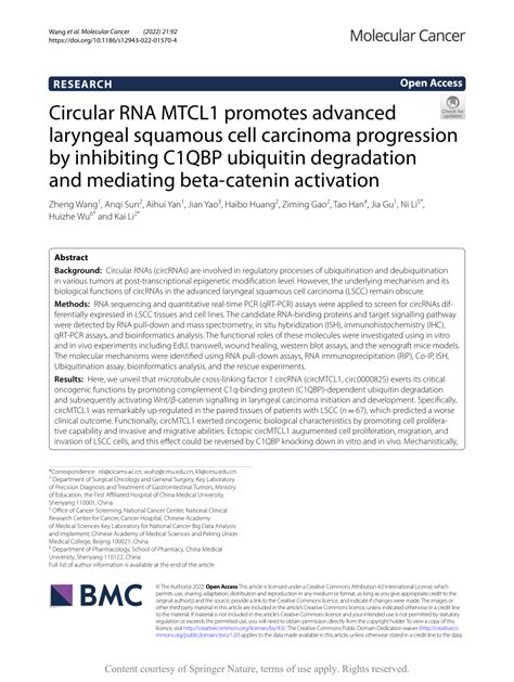 Pdf Circular Rna Mtcl1 Promotes Advanced Laryngeal Squamous Cell