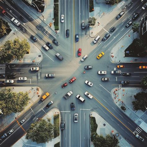 An Aerial View Of A Busy City Intersection With Cars Driving In All