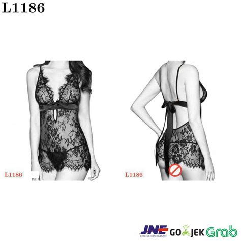 Jual L1186 Lingerie Chemise Hitam Transparan Tali Pita Ikat Belakang