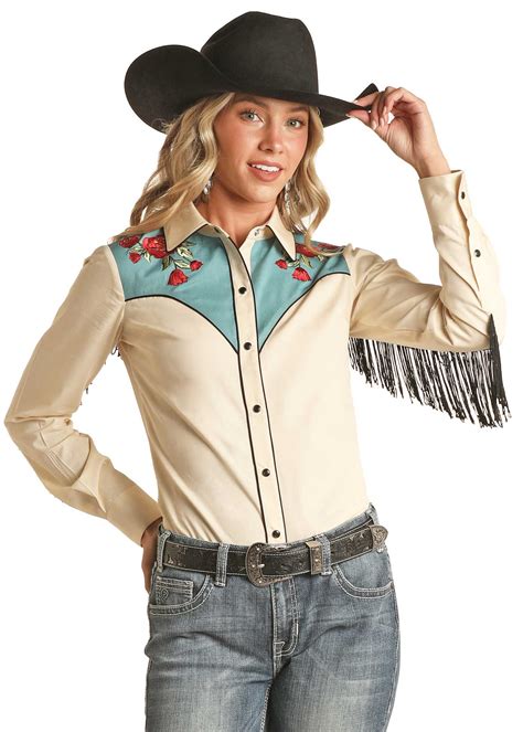 Panhandle Slim Womens Aqua Rose Fringe Western Snap Shirt