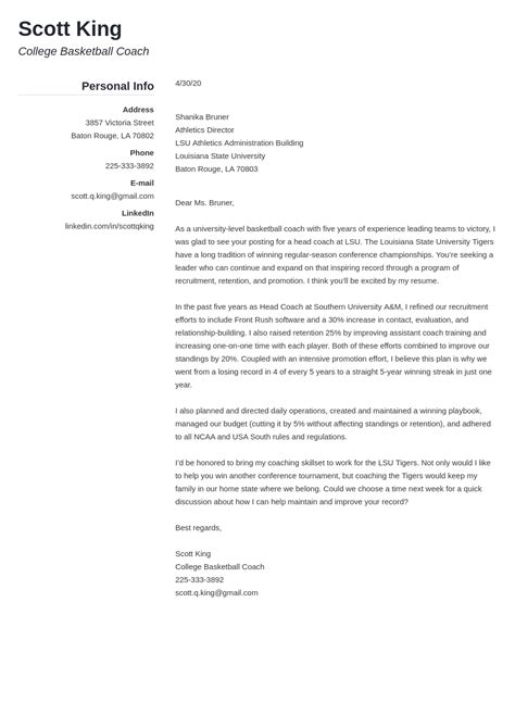 Coaching Cover Letter Examples And Guide For A Coach Position