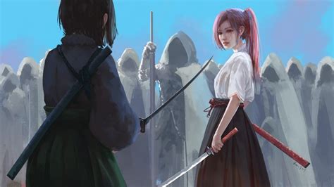 4k Anime Katana Artwork Original Characters Women Pink Hair Cyan