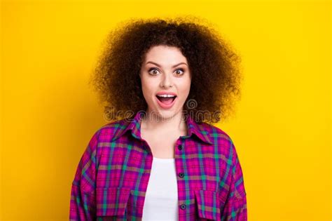 Photo Of Impressed Funky Woman Dressed Plaid Shirt Smiling Open Mouth