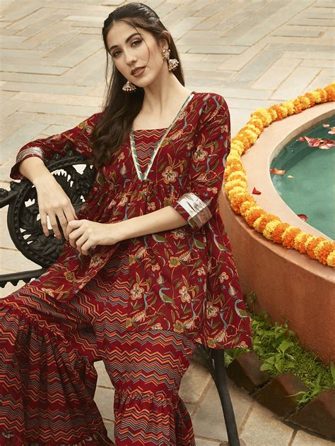 Buy Anouk Women Red Ethnic Motifs Printed Empire Pure Cotton Kurti With Sharara Kurta Sets For