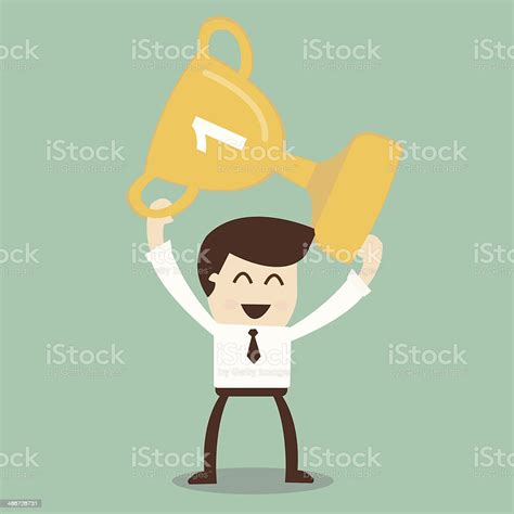 Businessman Holding Winning Trophy Stock Illustration Download Image