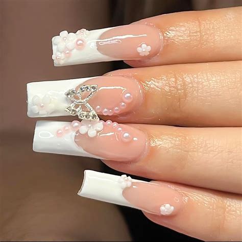 Long Press On Nails Coffin French White Tip Fake Nails With 3d Butterfly Designs